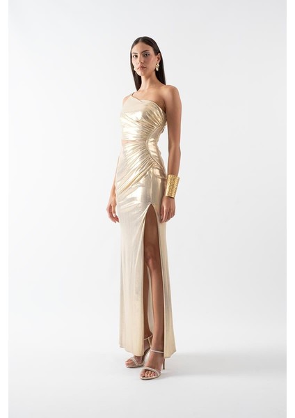 Pailhas Ince Tek Askılı Beli Açık Uzun Abiye Elbise Gold fiyatları