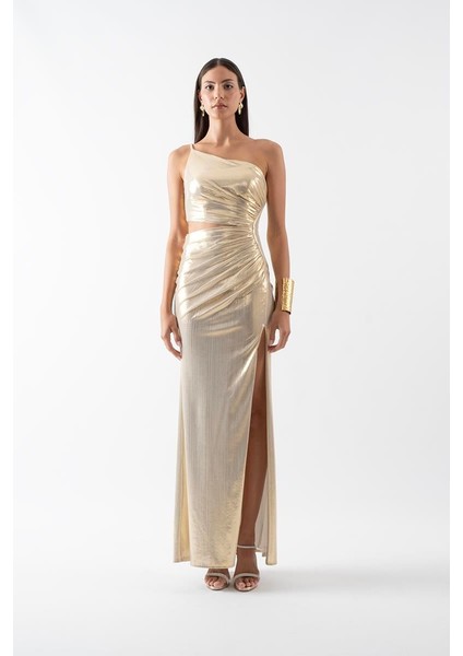 Pailhas Ince Tek Askılı Beli Açık Uzun Abiye Elbise Gold modelleri