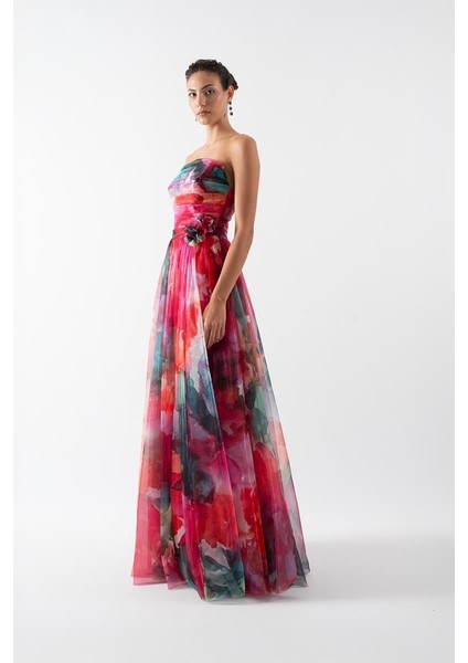 Delisio Straplez Yaka Kloş Bel Gül Detaylı Uzun Abiye Elbise Fuşya