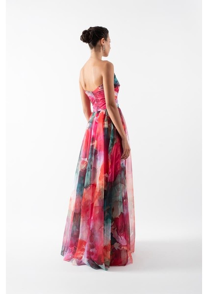 Delisio Straplez Yaka Kloş Bel Gül Detaylı Uzun Abiye Elbise Fuşya fiyatları