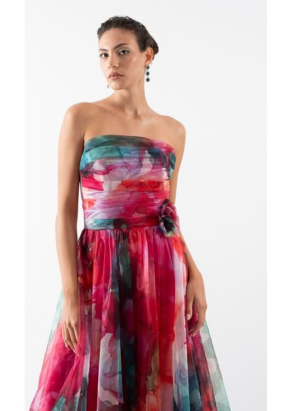 Delisio Straplez Yaka Kloş Bel Gül Detaylı Uzun Abiye Elbise Fuşya fırsatları