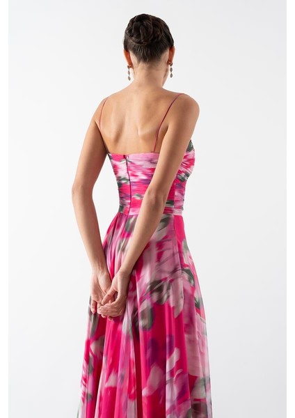 Safina Ince Askılı Göğüs Piliseli Straplez Yırtmaçlı Uzun Abiye Elbise Fuşya fiyatları