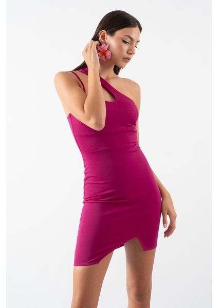 Firenza Asimetrik Yakaı Kısa Abiye Elbise Menekse