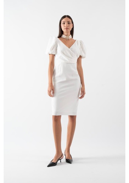 Orsoletta Kruvaze Yaka Karpuz Kol Midi Abiye Elbise Beyaz fiyatları