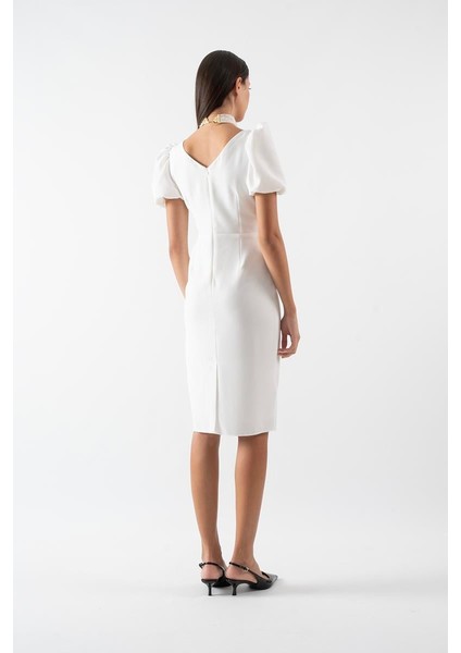 Orsoletta Kruvaze Yaka Karpuz Kol Midi Abiye Elbise Beyaz modelleri