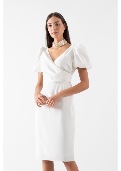 Orsoletta Kruvaze Yaka Karpuz Kol Midi Abiye Elbise Beyaz fırsatları