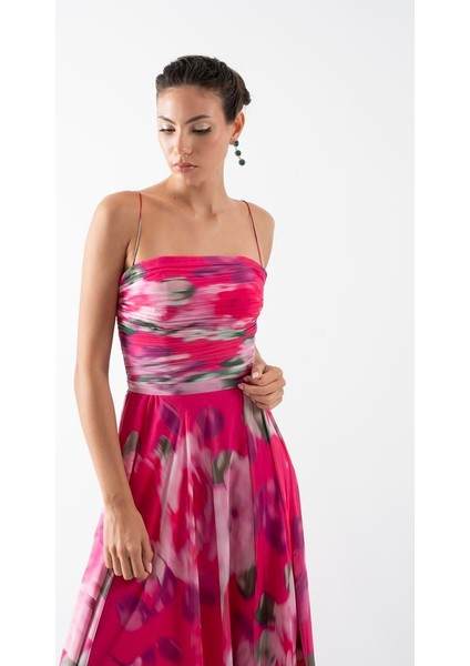 Safina Ince Askılı Göğüs Piliseli Straplez Yırtmaçlı Uzun Abiye Elbise Fuşya fırsatları