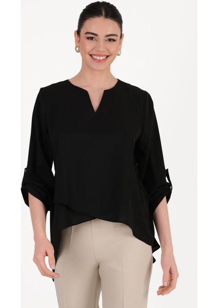 Orienzo Yakasız V Asimetrik Kesim Katlamalı Kol Bluz Siyah