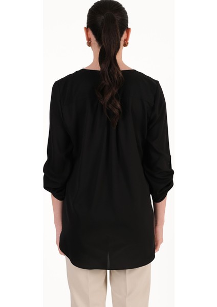 Orienzo Yakasız V Asimetrik Kesim Katlamalı Kol Bluz Siyah modelleri