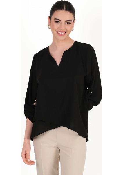 Orienzo Yakasız V Asimetrik Kesim Katlamalı Kol Bluz Siyah fırsatları