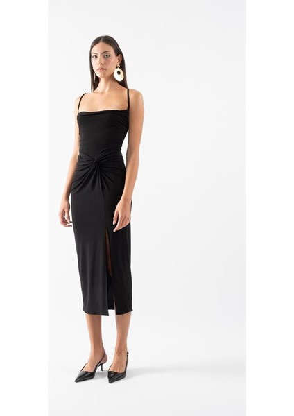 Perabo Degaje Yaka Bel Düğümlü Yırtmaçlı Uzun Abiye Elbise SİYAH