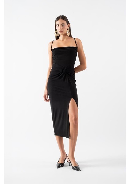 Perabo Degaje Yaka Bel Düğümlü Yırtmaçlı Uzun Abiye Elbise SİYAH fiyatları