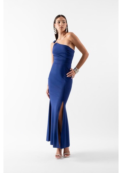 Ampilioi Tek Omuz Askılı Halka Detaylı Uzun Abiye Elbise Saks