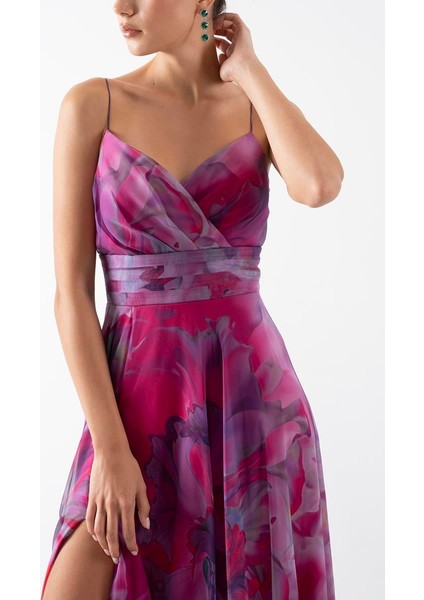 Demetrioı Ince Askılı Kruvaze Bel Drapeli Kloş Uzun Abiye Elbise Fuşya fırsatları