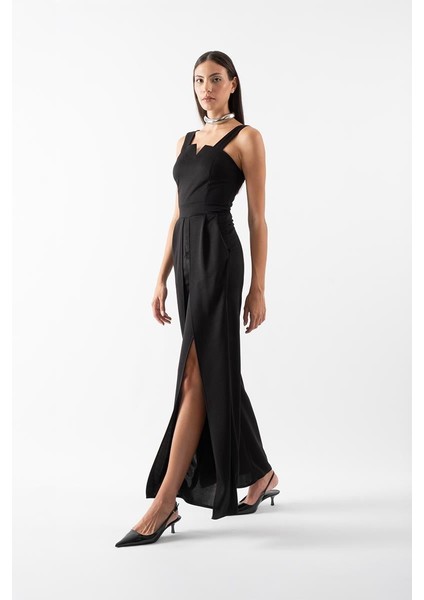 Cleria U Yaka Kalın Askılı Yırtmaçlı Abiye Tulum Siyah fiyatları