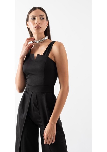 Cleria U Yaka Kalın Askılı Yırtmaçlı Abiye Tulum Siyah indirimleri