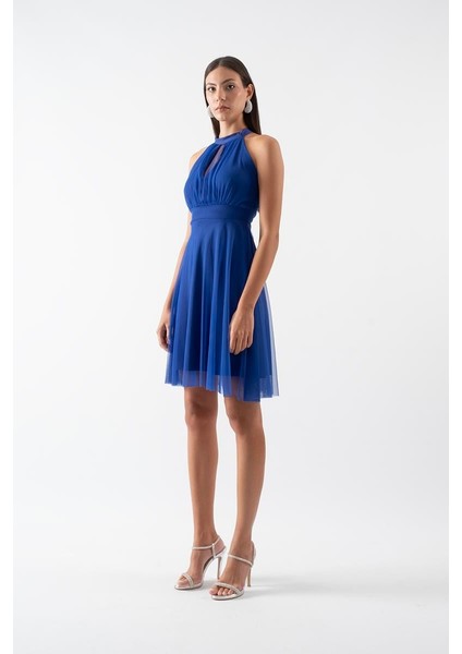 Narcisio Damla Yaka Kloş Kısa Abiye Elbise Saks modelleri