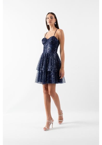 Cupido Ince Askılı Payetli Kalp Yaka Kısa Abiye Elbise Lacivert