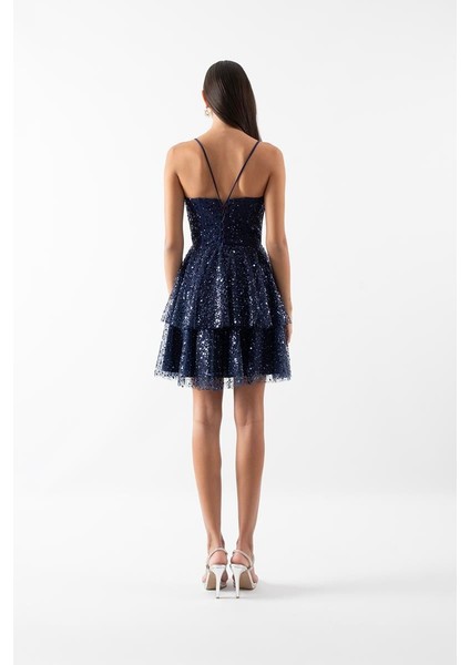 Cupido Ince Askılı Payetli Kalp Yaka Kısa Abiye Elbise Lacivert modelleri