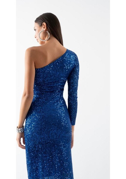 Orania Tek Kol Straplez Büzgülü Yırtmaçlı Kısa Abiye Elbise Saks fırsatları