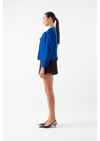 Diamanta Yakasız Flota Cepli Ceket Saks