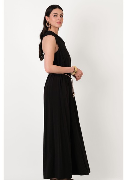 Elmaleh V Yaka İnce Kemerli Elbise VİZON