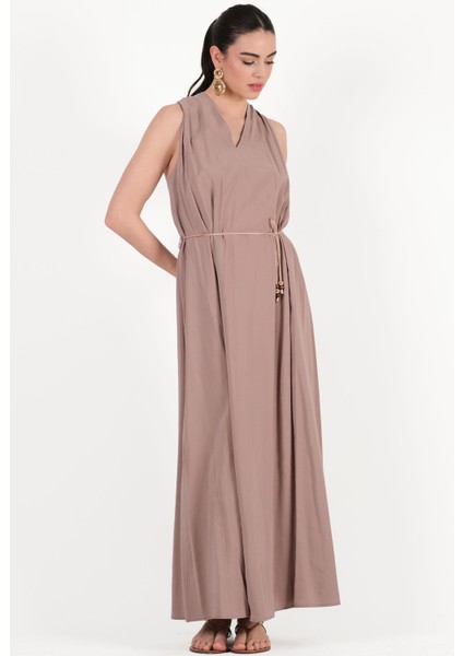 Elmaleh V Yaka İnce Kemerli Elbise VİZON fırsatları