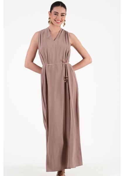 Elmaleh V Yaka İnce Kemerli Elbise VİZON indirimleri