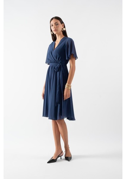 Leonello Kruvaze Şifon Elbise Lacivert