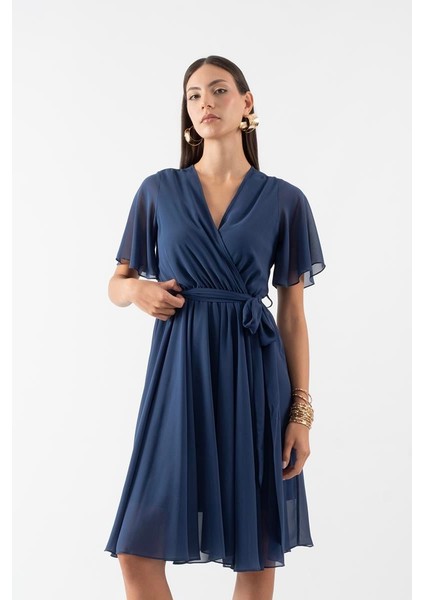 Leonello Kruvaze Şifon Elbise Lacivert fırsatları