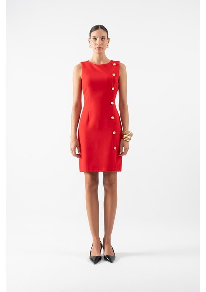Reevers Yuvarlak Yaka Düğme Detaylı Elbise Kırmızı