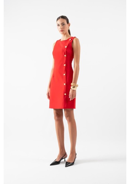 Reevers Yuvarlak Yaka Düğme Detaylı Elbise Kırmızı fiyatları