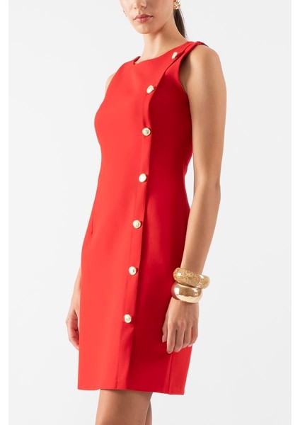 Reevers Yuvarlak Yaka Düğme Detaylı Elbise Kırmızı modelleri