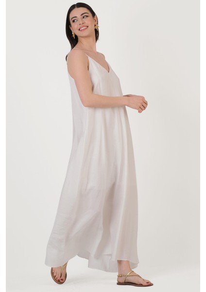 Dazeglio Ince Askılı V Yaka Salaş Elbise Ekru