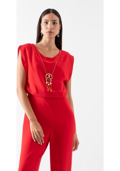 Fulgo Sırtı U Kesim Kolye Detaylı Tulum Kırmızı modelleri