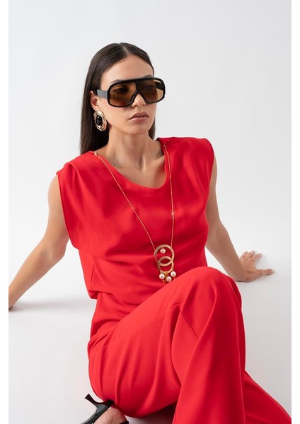 Fulgo Sırtı U Kesim Kolye Detaylı Tulum Kırmızı fırsatları