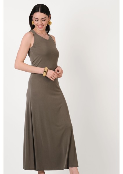 Delisa Yuvarlak Yaka Kolsuz Elbise Haki