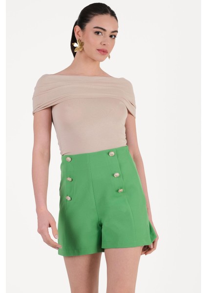 Paridina Önü Düğme Detaylı Mini Şort Yeşil