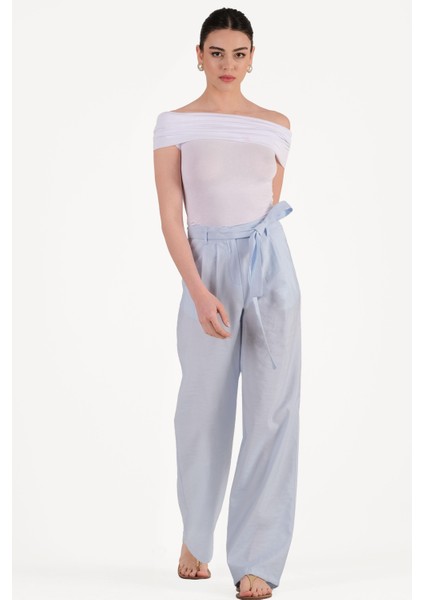 Debora Yüksek Bel Pileli Kuşaklı Pantolon Mavi