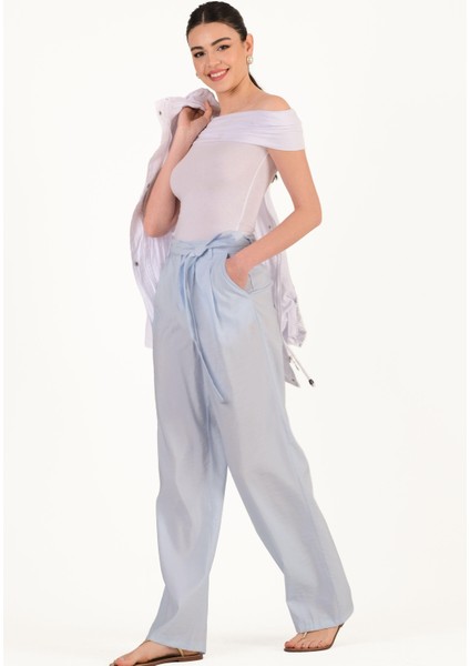 Debora Yüksek Bel Pileli Kuşaklı Pantolon Mavi fiyatları