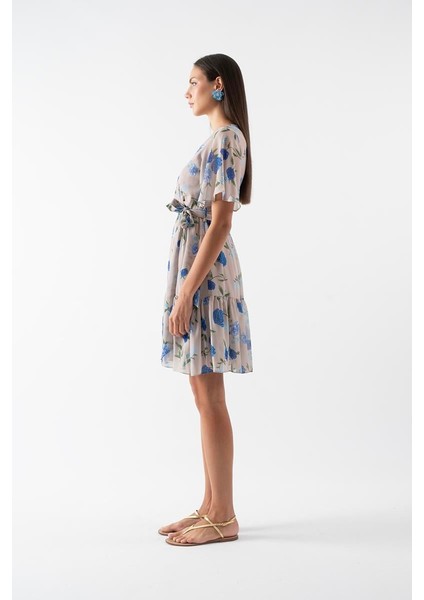 Ortesina Kruvaze Yaka Elbise Bej