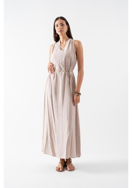 Elmaleh V Yaka Ince Kemerli Elbise Bej