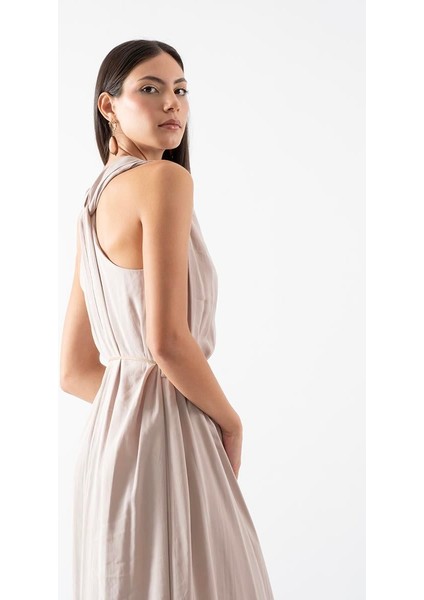 Elmaleh V Yaka Ince Kemerli Elbise Bej fırsatları