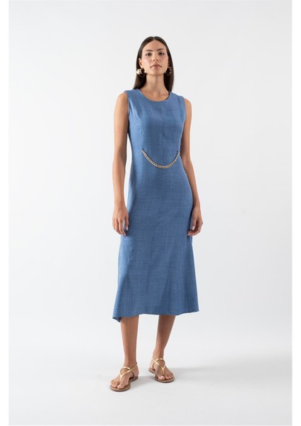 Eldard Yuvarlak Yaka Belde Zincir Detaylı Elbise Indigo