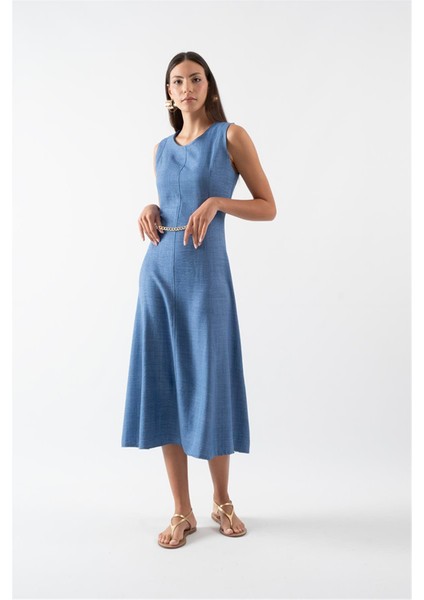 Eldard Yuvarlak Yaka Belde Zincir Detaylı Elbise Indigo fiyatları