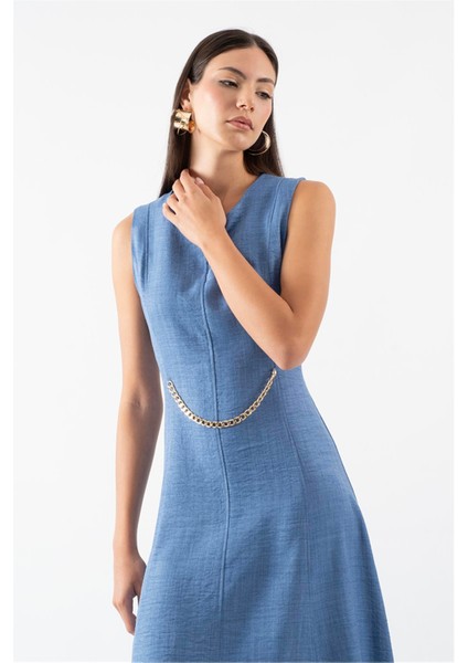 Eldard Yuvarlak Yaka Belde Zincir Detaylı Elbise Indigo modelleri