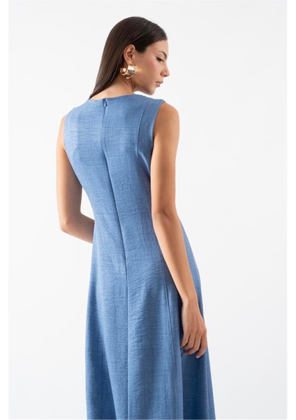 Eldard Yuvarlak Yaka Belde Zincir Detaylı Elbise Indigo fırsatları