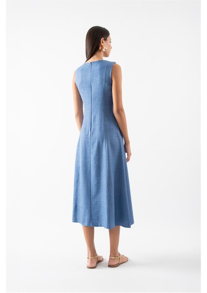 Eldard Yuvarlak Yaka Belde Zincir Detaylı Elbise Indigo indirimleri