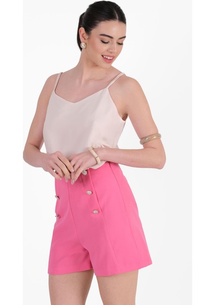 Paridina Önü Düğme Detaylı Mini Şort Fuşya fırsatları