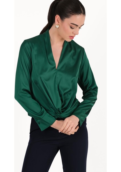 Dalcisa V Yaka Beli Burgulu Düğümlü Bluz Zümrüt